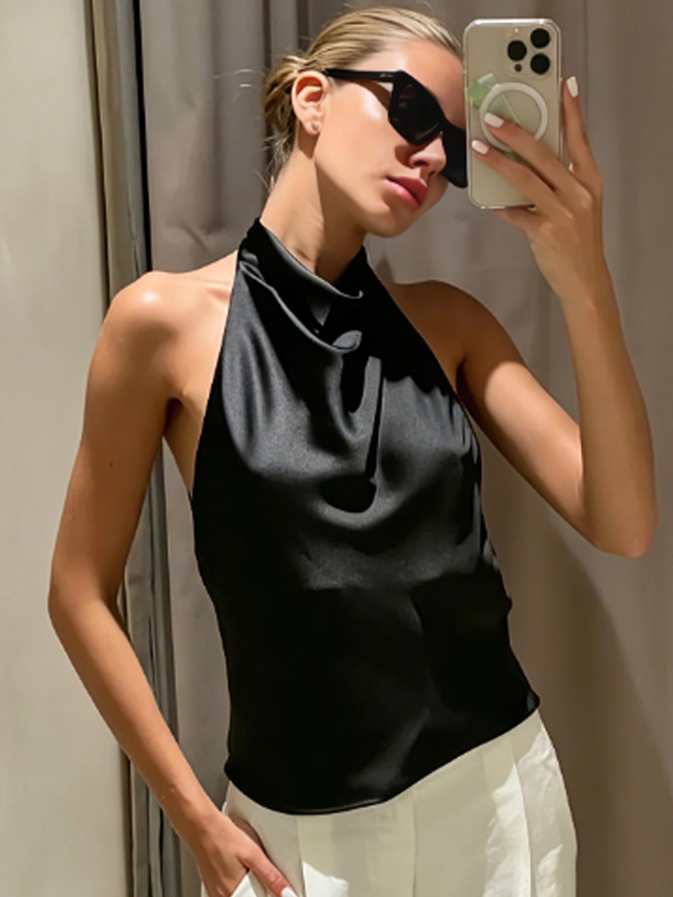 Women's Satin Halter Tops Halter Neck Y2K Sexy Corset Crop Tanks & Camis Backless Camisole Summer 2026 Ladies Fashion Backless Sleeveless Tank Tops Black White Orange Pink Yellow Brown Purple Green Top Elegant Evening Party Prom Top Women Solid Tank Top