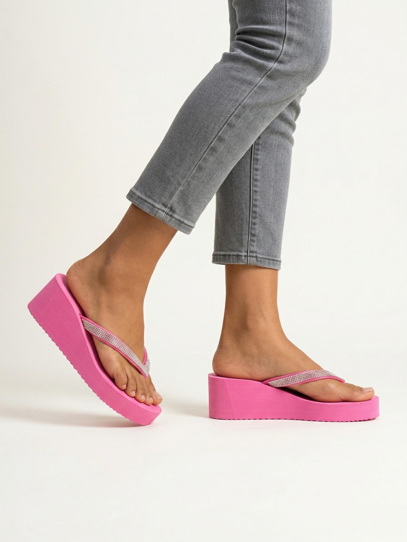 Summer New Rhinestone Thick Sole Sandals for Women, Wedge Platform Shoes, Beach & Poolside Height-Boosting Slippers