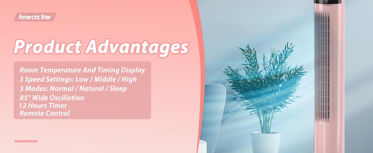 【NOT AC】Antarctic Star Tower Fan - Portable Electric Oscillating Fan with Remote Control, Quiet Operation, 3 Speed Settings & Timer Function. Bladeless Floor Standing Fan for Bedroom, Office & Indoor Use[No Cooling] (36 inch, Pink)