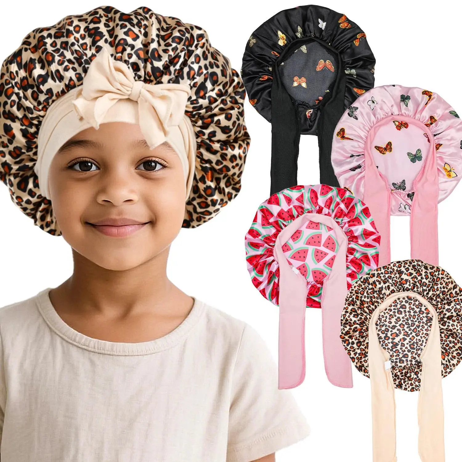 Kids Flower Printed Satin Sleep Bonnet with Wide Elastic Band & Ribbon, Soft Silk-like Sleeping Hair Cap for Boys Girls, Reusable Waterproof Shower Cap, Gentle Hair Protection Hat for Curly Natural Hair Care
