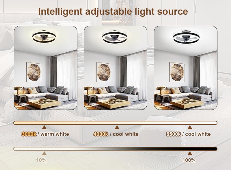 Modern Ceiling Fan with Light and Remote 19.7 Inch Low Profile Flush Mount 6 Speeds 3-Color Dimmable LED Reversible Airflow for Bedroom