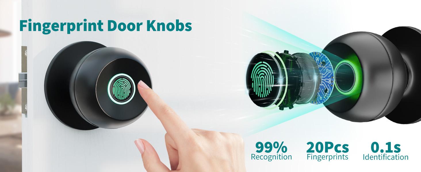 Valentine's Day Gift EuerTE Smart Lock Fingerprint Door Knob with App Control Key Type-C Port Emergency Charging Biometric Lock for Front Door Home Apartment Office FathersDayGift