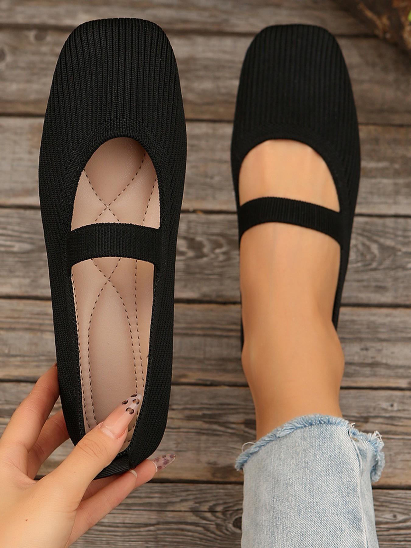 Women's Knitted Striped Mary Jane Shoes Square Toe Casual Trendy Flat Flats Breathable Non-Slip Soft Sole Comfortable Casual Daily Wear Fashion Footwear Versatile Shoes Fashionable Flats