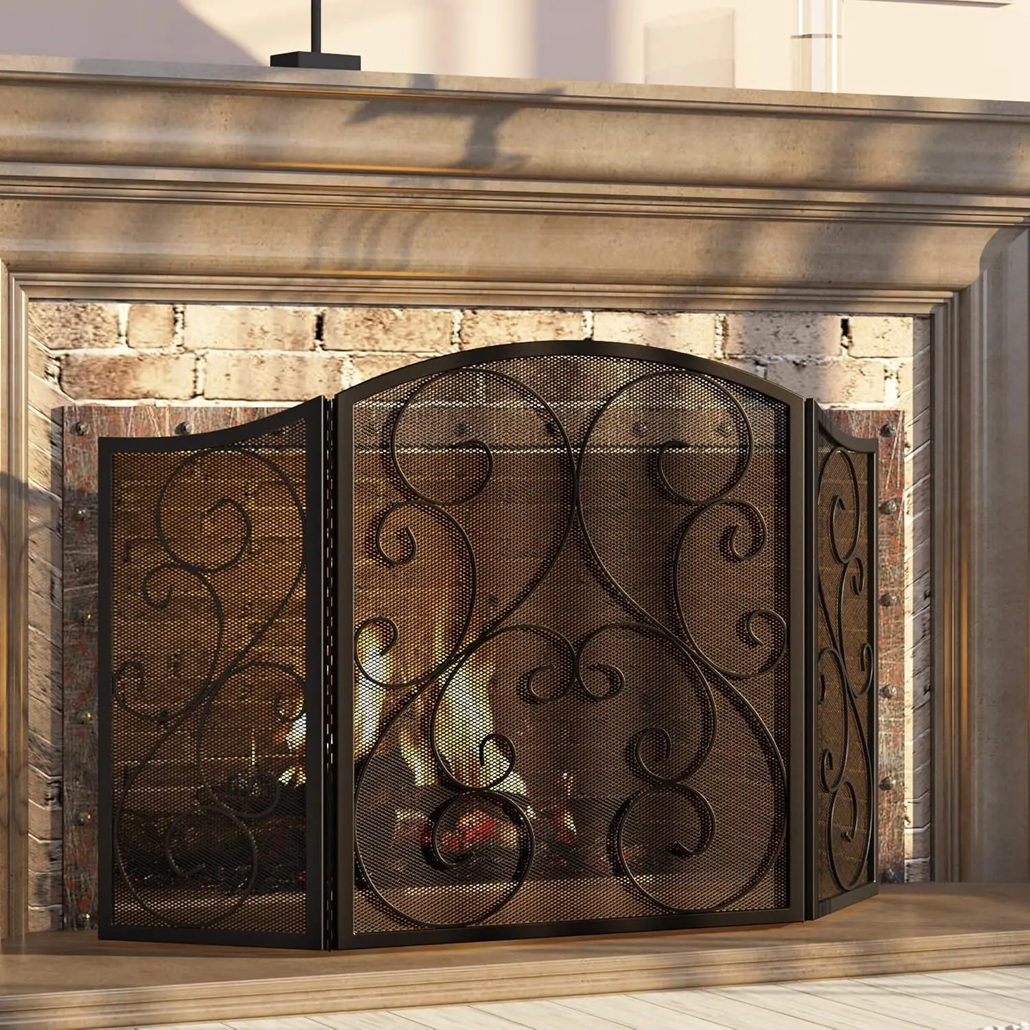 3 Panel Wrought Iron Fireplace Screen 48×30 Inch(Sanded Black) | Blocks flying embers to protect kids and pets. Foldable iron screen for easy storage and quick setup.