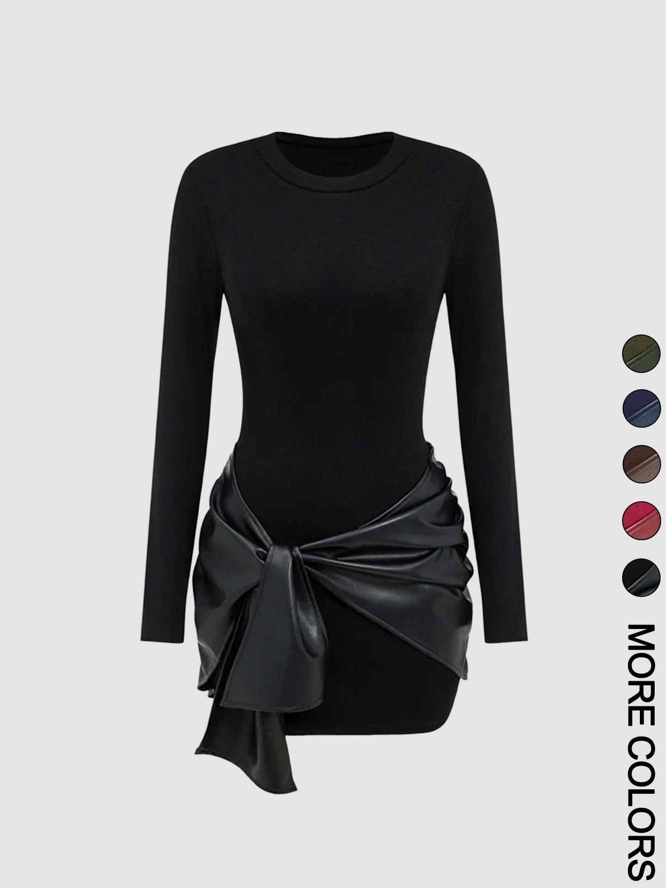Women's patchwork knotted side ruched long-sleeved mini dress Casual Wear