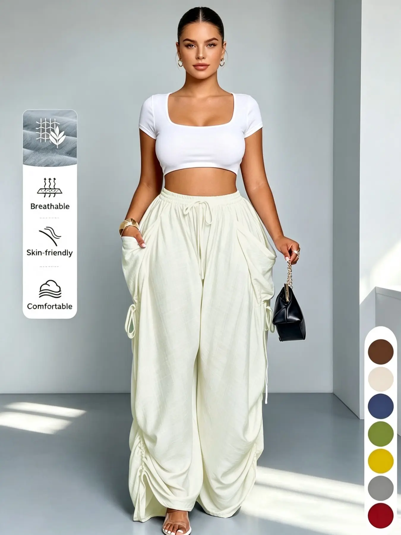 High-Waisted Drawstring Palazzo Pants for Women, Loose-Fit Spring & Fall Fashion, Comfortable Casual Home Wear