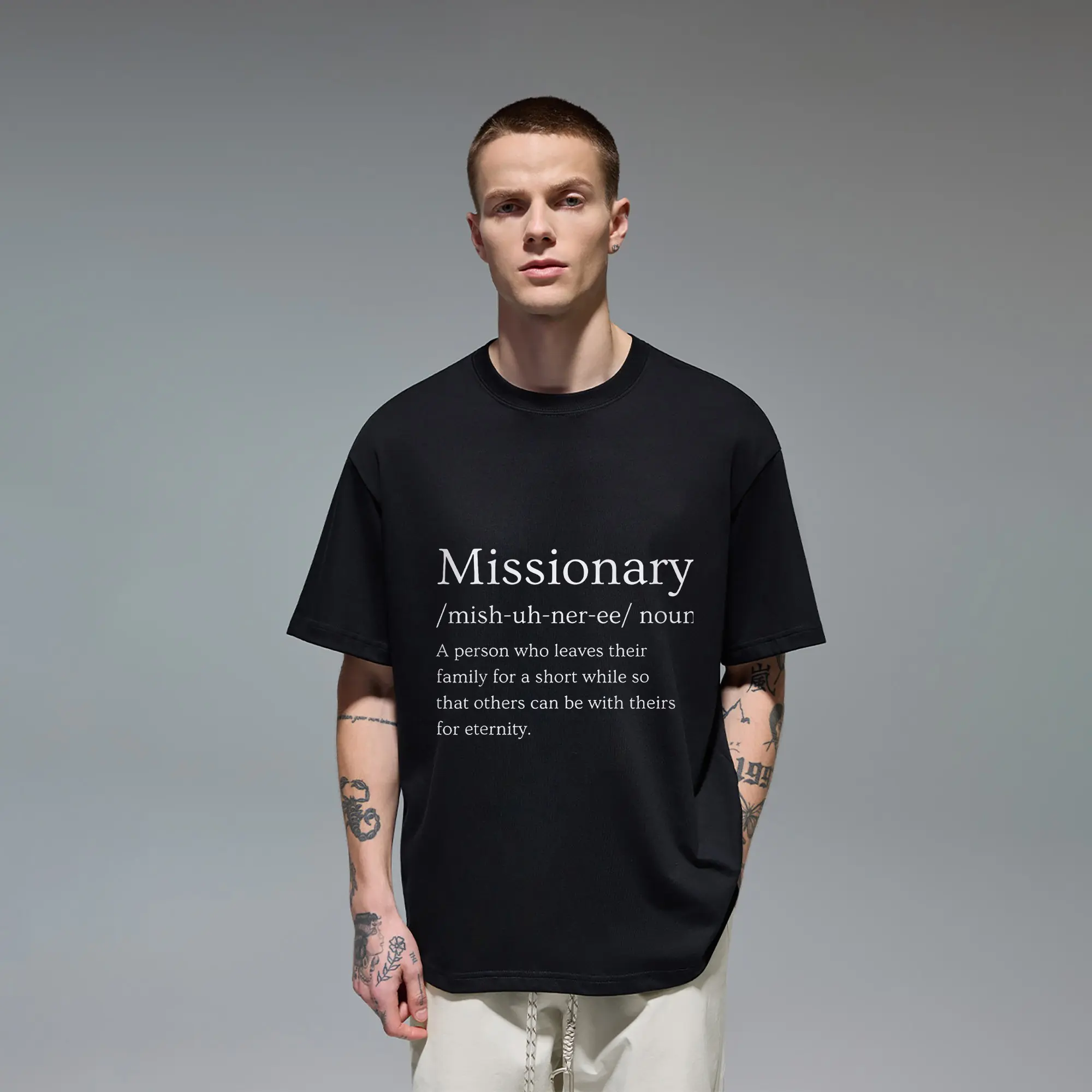Meaningful definition‑print Men's T‑Shirt constructed of Quality Cotton, displaying thoughtful Missionary noun entry text layout. Light soft fabric ensures long‑time wearing comfort, casual relaxed fit, suitable for faith‑focused gatherings, daily errands