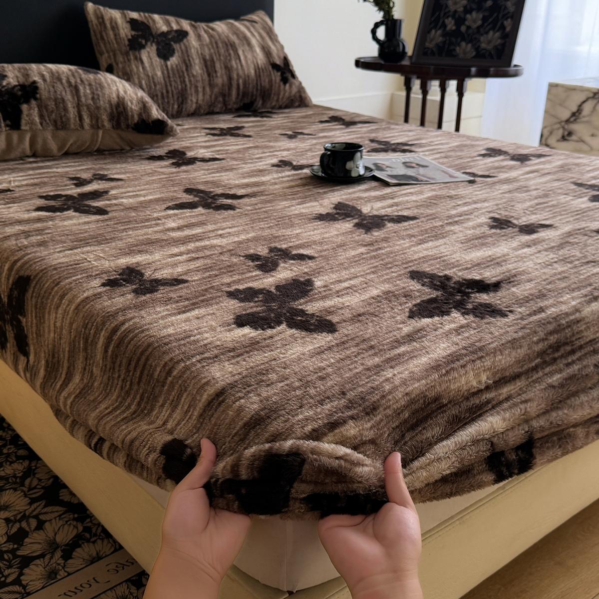 Faux Rabbit Fur Leopard, Tiger Print Fitted Sheet 3-Piece Set, Bedsheet Sets – Soft & Warm Solid Color Bedding, Premium Set (Includes 1 Fitted Sheet + 1/2 Pillowcases), All-Season, Perfect for Bedroom, Dorm, Sofa, Christmas Gift