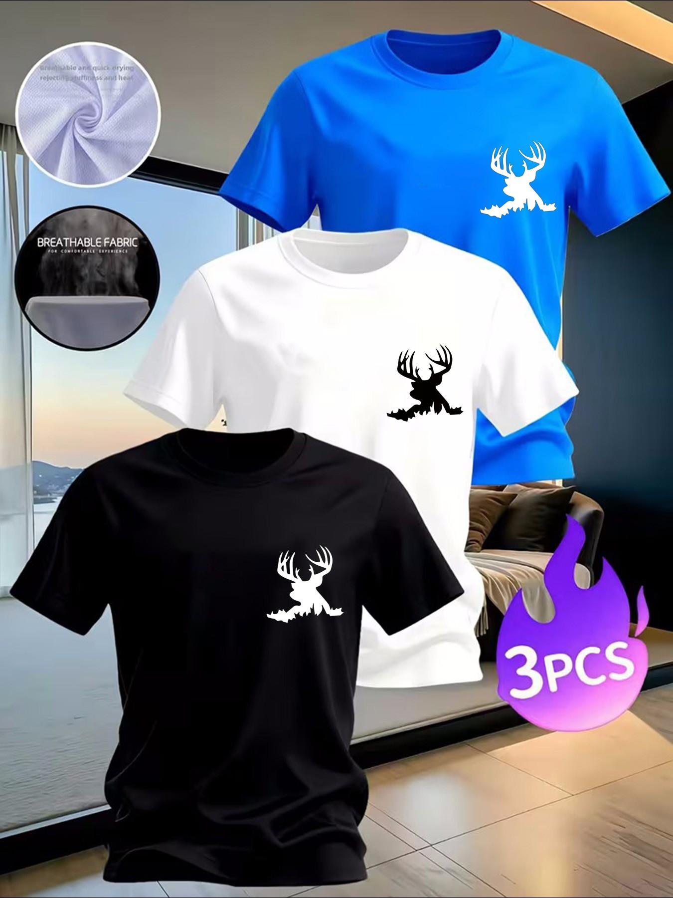 3-Pack Men's Wildlife T-Shirts, Deer Antler Graphic Tees, Breathable Casual Tops for Hunting Enthusiasts，Available in multiple colors