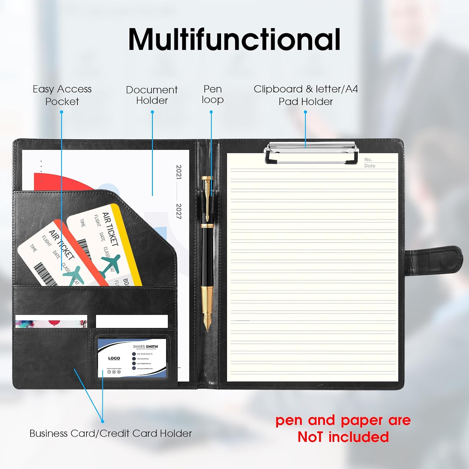 Professional Portfolio Binder with Clipboard, Faux Leather Padfolio Organizer for Resume, Interview Business Conference, Legal Pad Holder for A4 Letter Size Notepad with Multi-Pocket Storage (Black) Professional Portfolio Binder with Clipboard, Faux Leather Padfolio Organizer for Resume, Interview Business Conference, Legal Pad Holder for A4 Letter Size Notepad with Multi-Pocket Storage (Black)
