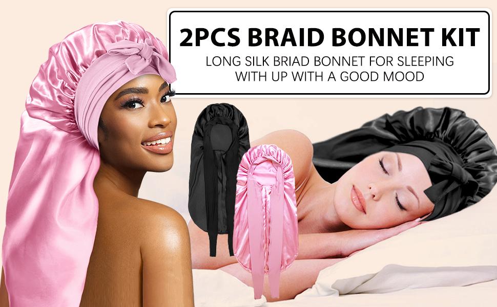 Women's Satin Silk Braid Bonnet - 2 Count Large Long Sleep Cap for Braids Elastic Soft Designed Premium Multifunctional (Black&Pink)