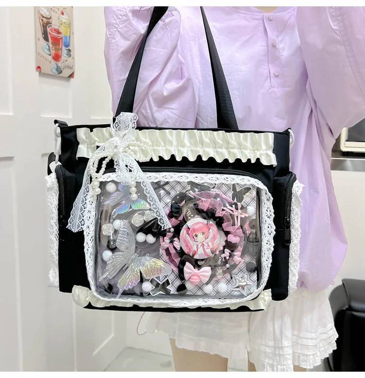 New Nylon/Polyester Ita Bag for Lolita Girls - Transparent Large-Capacity Shoulder Tote, Crossbody, DIY Display Casual Handbag