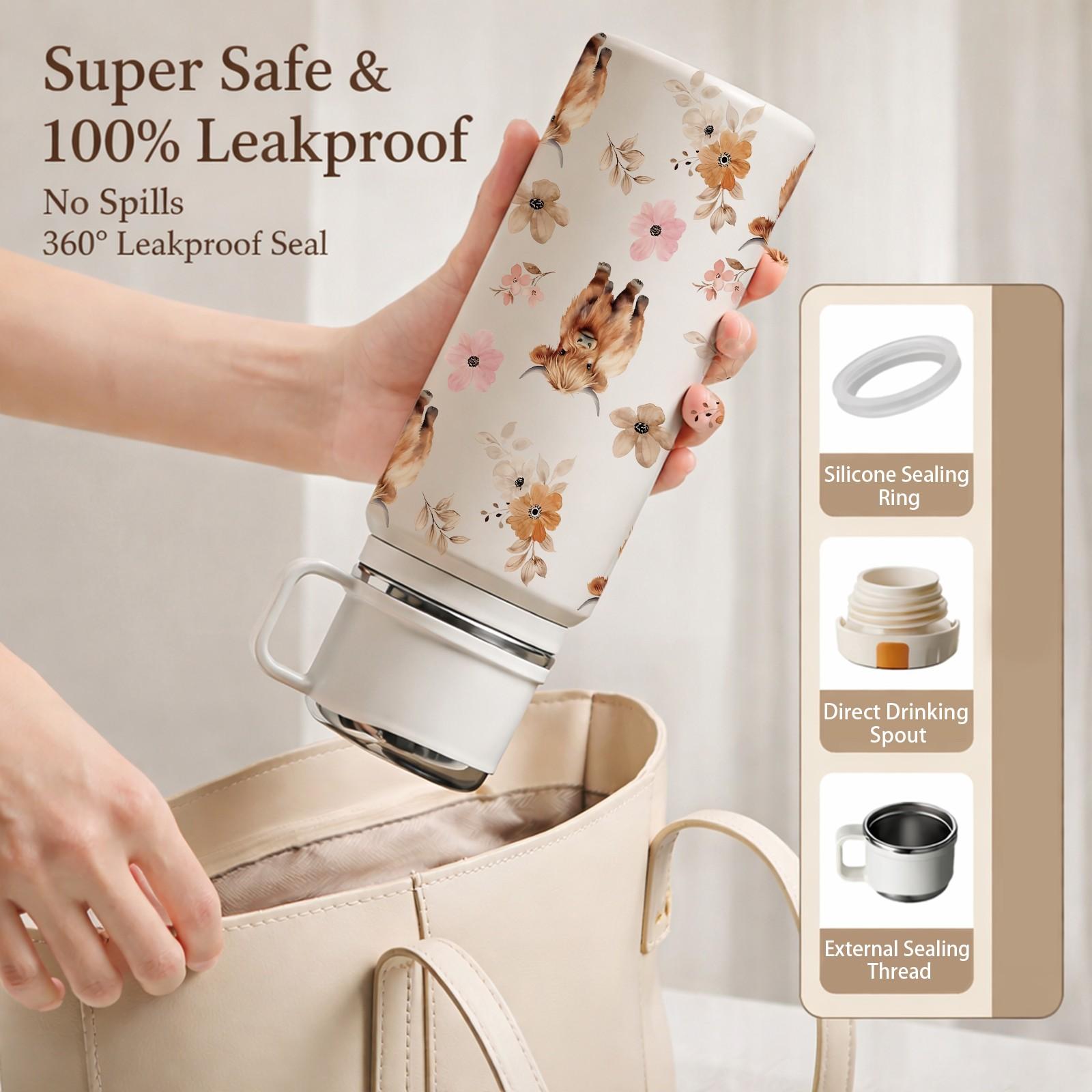 600ml Highland Cow Floral Insulated Water Bottle, 316 Stainless Steel Thermos with Handle & Strap, 48H Hot 24H Cold Leakproof Flask for Coffee Tea, Reusable Travel Tumbler for Outdoor Camping Hiking, Cute Aesthetic Gift for Women Girls