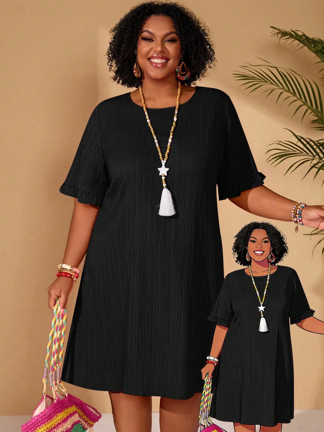 Plus Size Women's Round Neck Solid Everyday Dress, Textured Vertical Stripe Ruffled Sleeve Loose Feminine Casual Boho Elegant Skirt, Ideal for Daily Home and Outing Wear