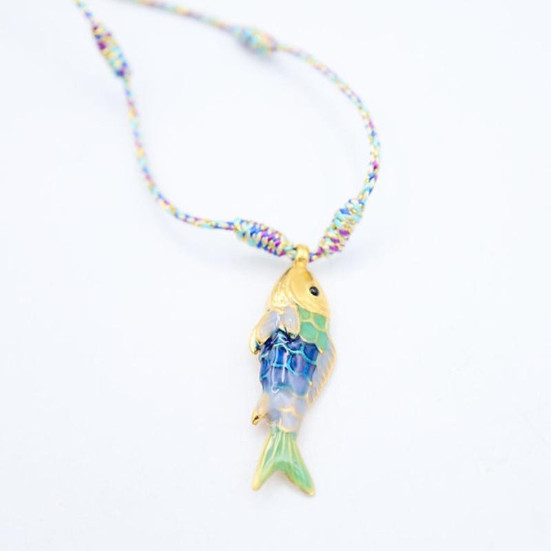 Women's Copper Ocean Fish Pendant Statement Necklace - Fashion Jewelry Accessories, Bold Statement Piece, Vibrant Multicolored Cord for Casual Indoor Recreation Wear