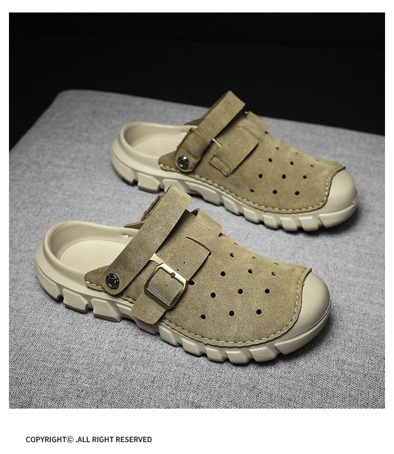 Men's Perforated Slingback Clog, Breathable Closed Toe Sandals, Non-Slip Two-Way Wear Slippers, Lightweight Vegan Leather Fisherman Shoes for Beach Hiking Travel, Retro Summer Athletic Outdoor Clogs, Big Size 11 12 13