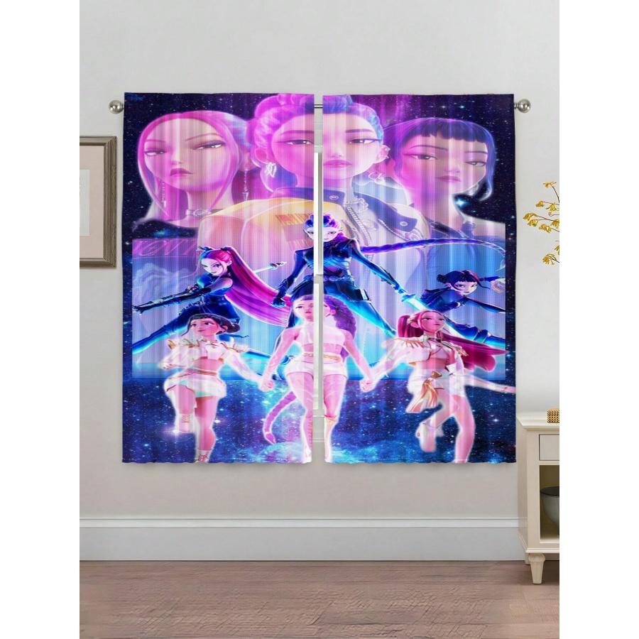 2-Piece Cartoon Print Blackout Curtains, Polyester Material, Easy to Clean, Suitable for Bedroom & Living Room, Fun Room Decor, Window Curtain