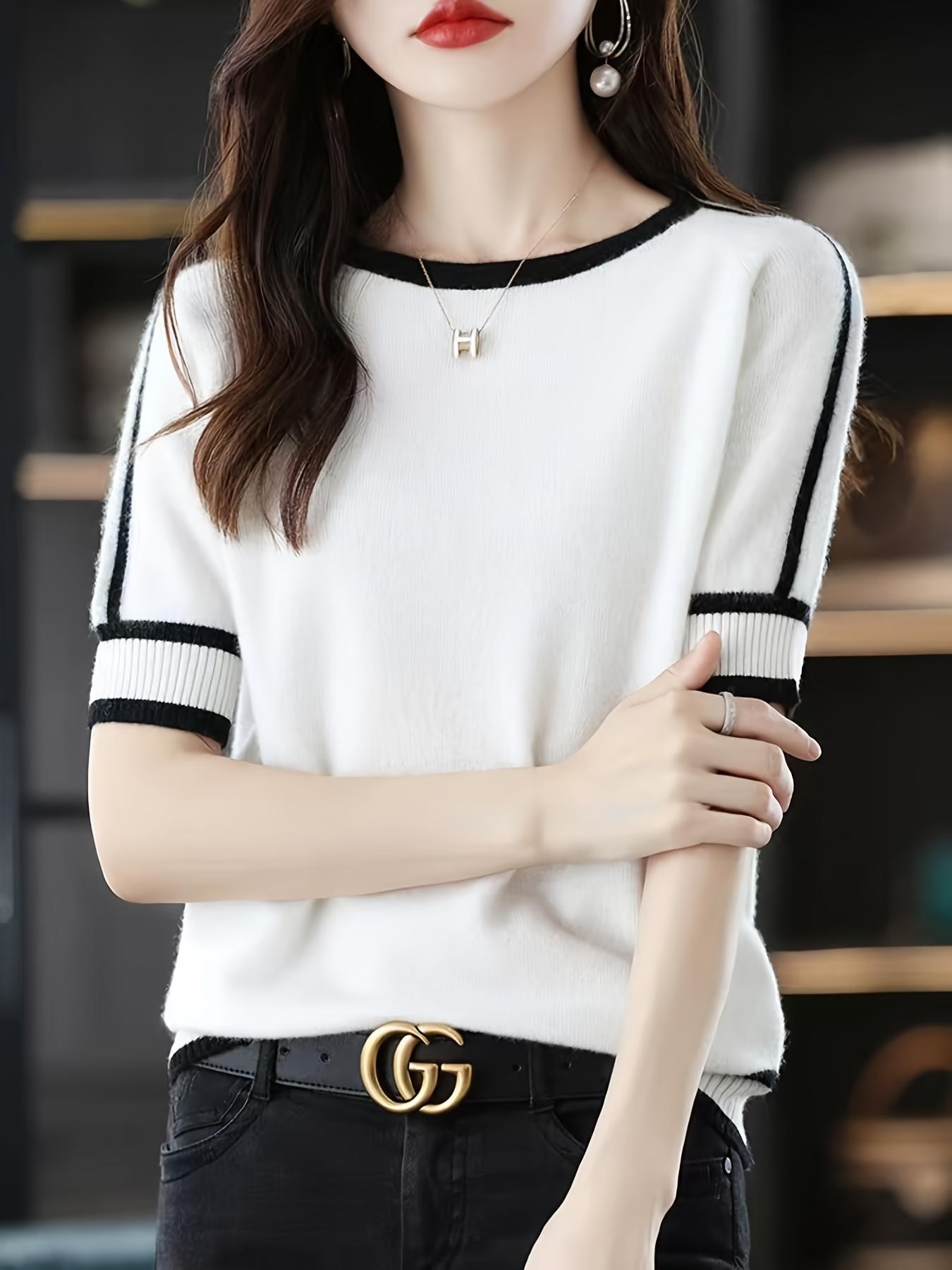 Women's Round Neck Patchwork Half Sleeve Knit Sweater, Commuter Casual Slim Fit Pullover, Stylish and Comfortable Top for Daily Wear, Knitwear