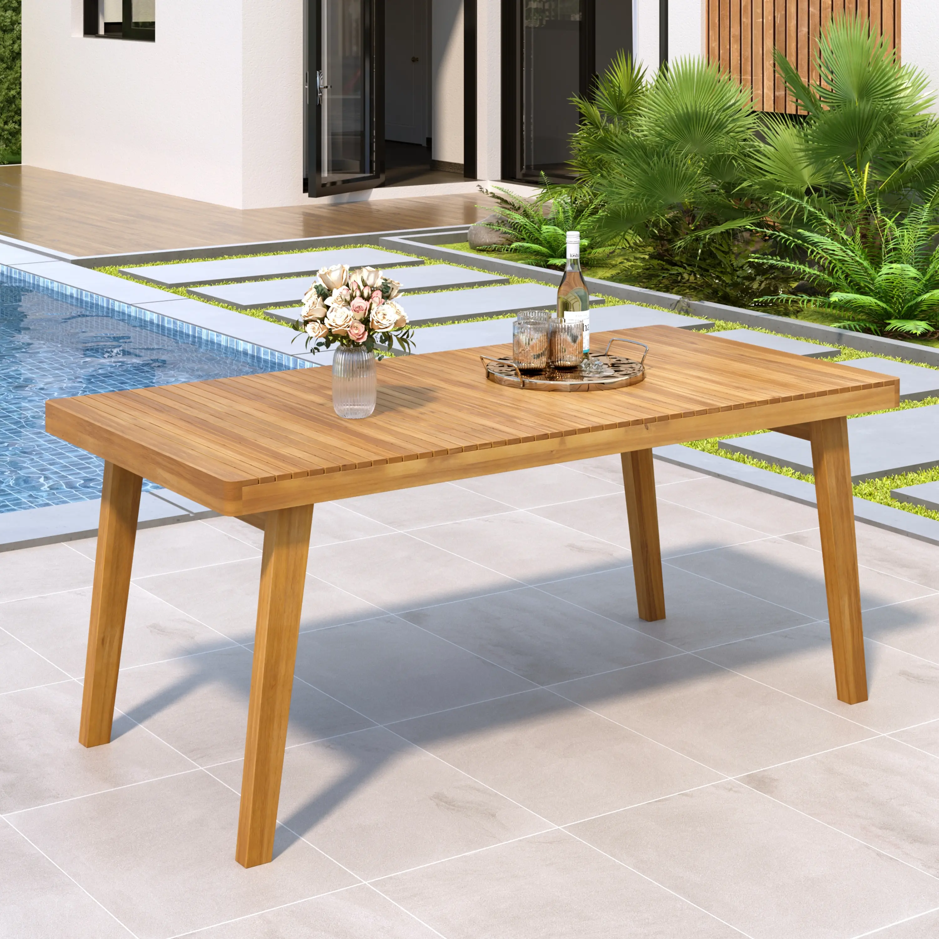 Nokaa 69" Acacia Wood Outdoor Dining Table with Slatted Top, 300 lbs Capacity, Natural Finish, Weather-Resistant Patio Table for Garden, Deck, Backyard Gatherings, Easy Clean