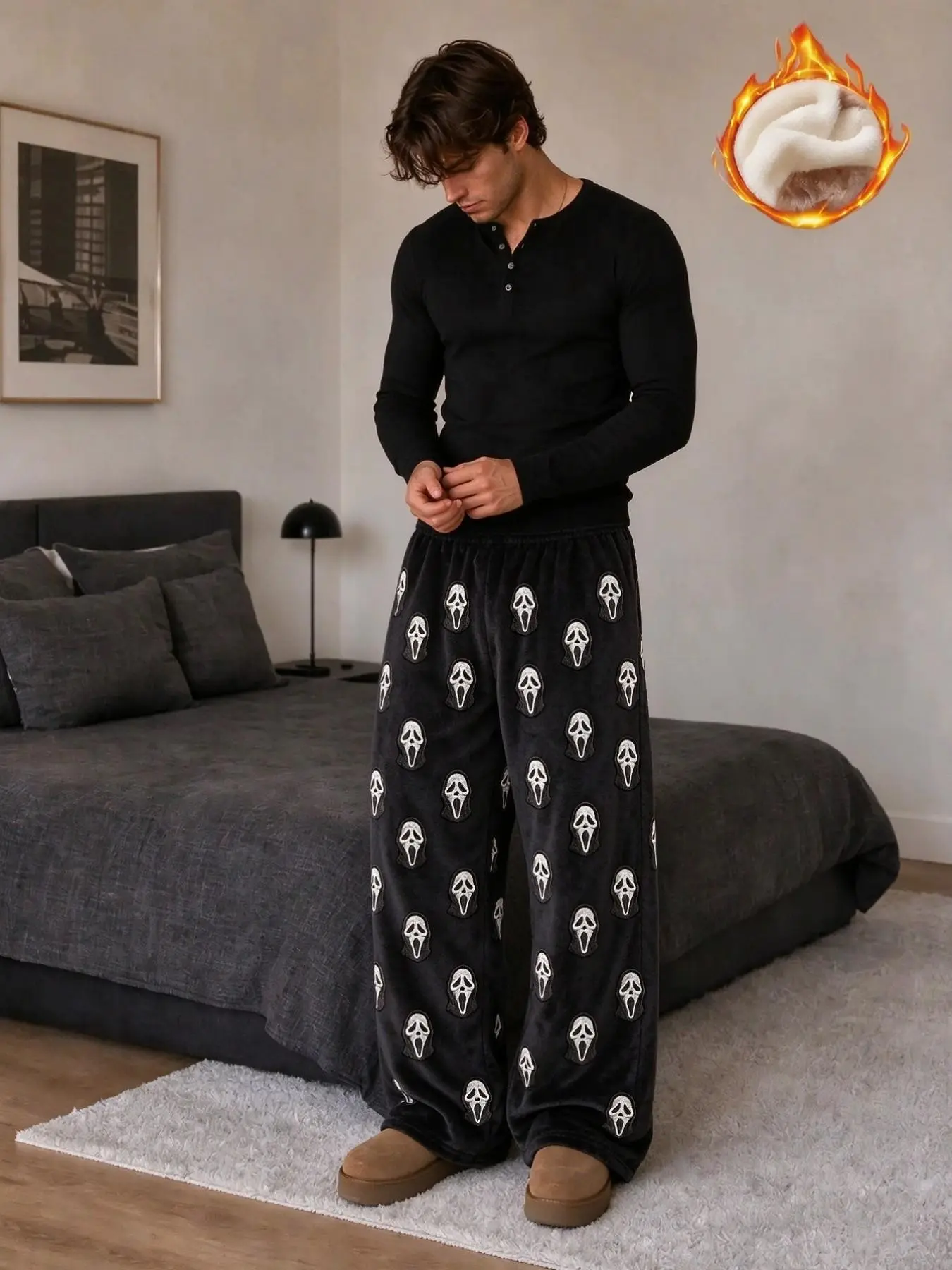 Men's Ghost Face Print Flannel Wide Leg Sleep Pants, Fashion Loose-Fitting All over Print Long Pants, Unisex Flannel Clothing, Nightwear