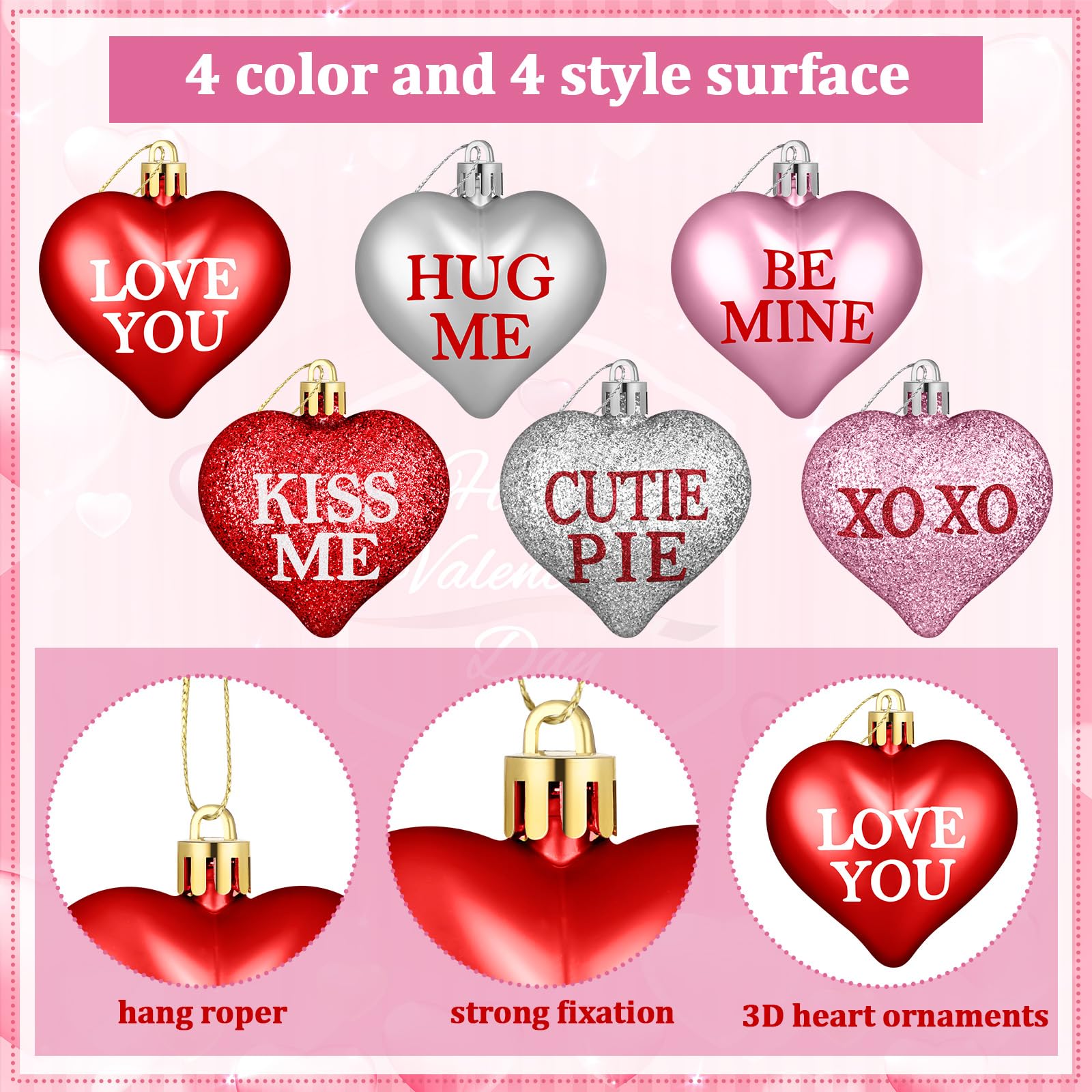 60 Pcs Valentine's Day Heart Shaped Hanging Ornaments with Love Letter for Valentines Tree Birch Tree, Red Pink Silver Glitter Heart Baubles Romantic Atmosphere Valentines Decor for Tabletop Bedside Bedrooms Room Mantle Birthday Wedding Party Home Decor