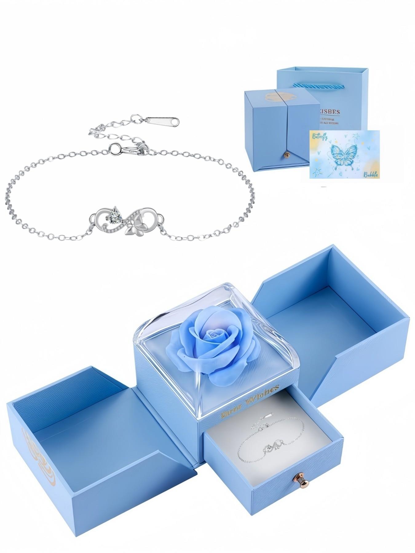 Butterfly Infinity · Diamond Glow Adjustable infinity symbol butterfly gem bracelet, delicate and sparkling.Paired with a surprise double-door preserved rose jewelry gift box.Ideal gift for birthdays, Mother’s Day and Valentine’s Day.