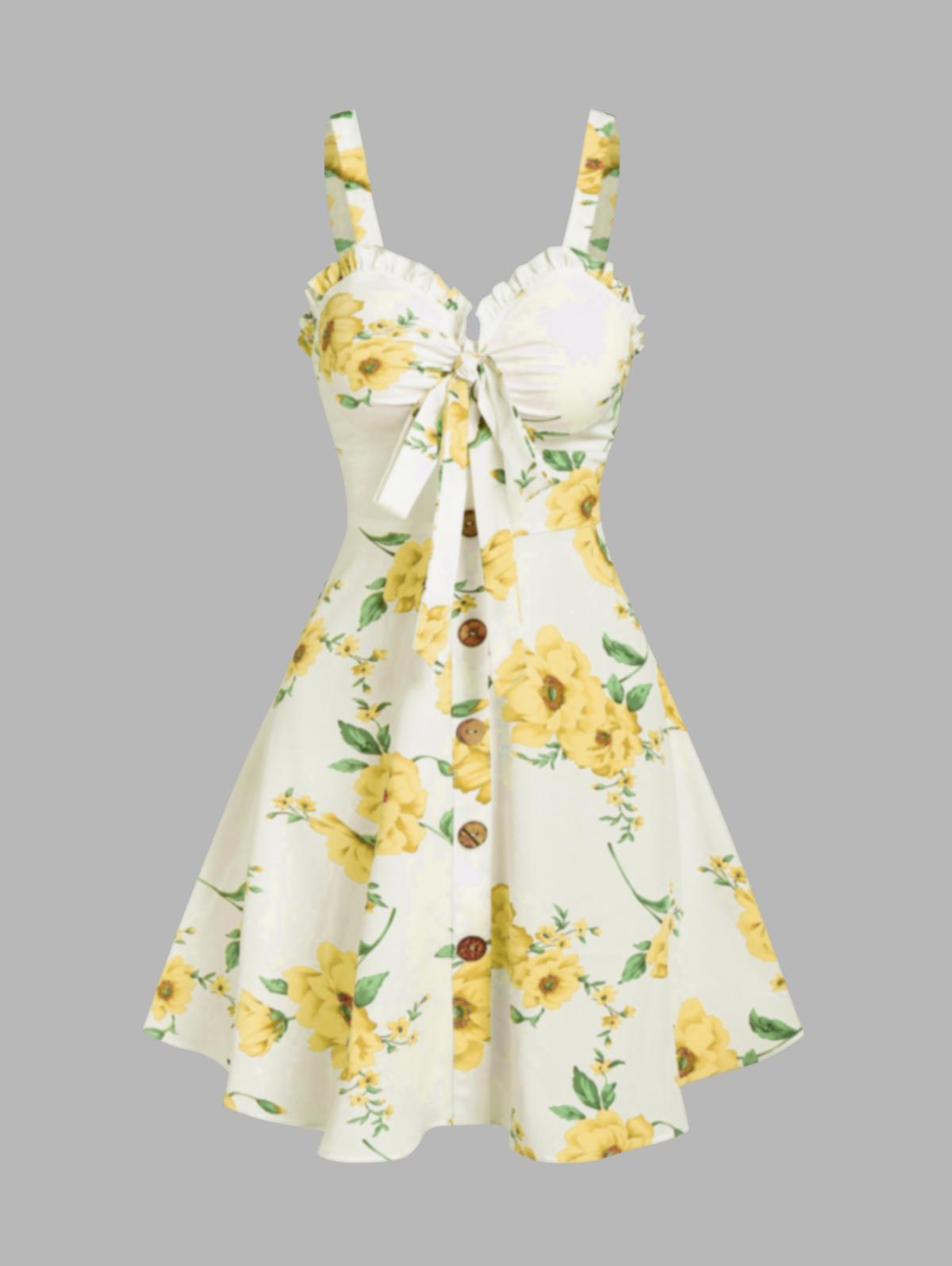 Women's Fashion Summer Dresses 2025 Floral Print Vacation Sundress Garden Party Dress Smock Back Ruffled Bowknot Mini Dress