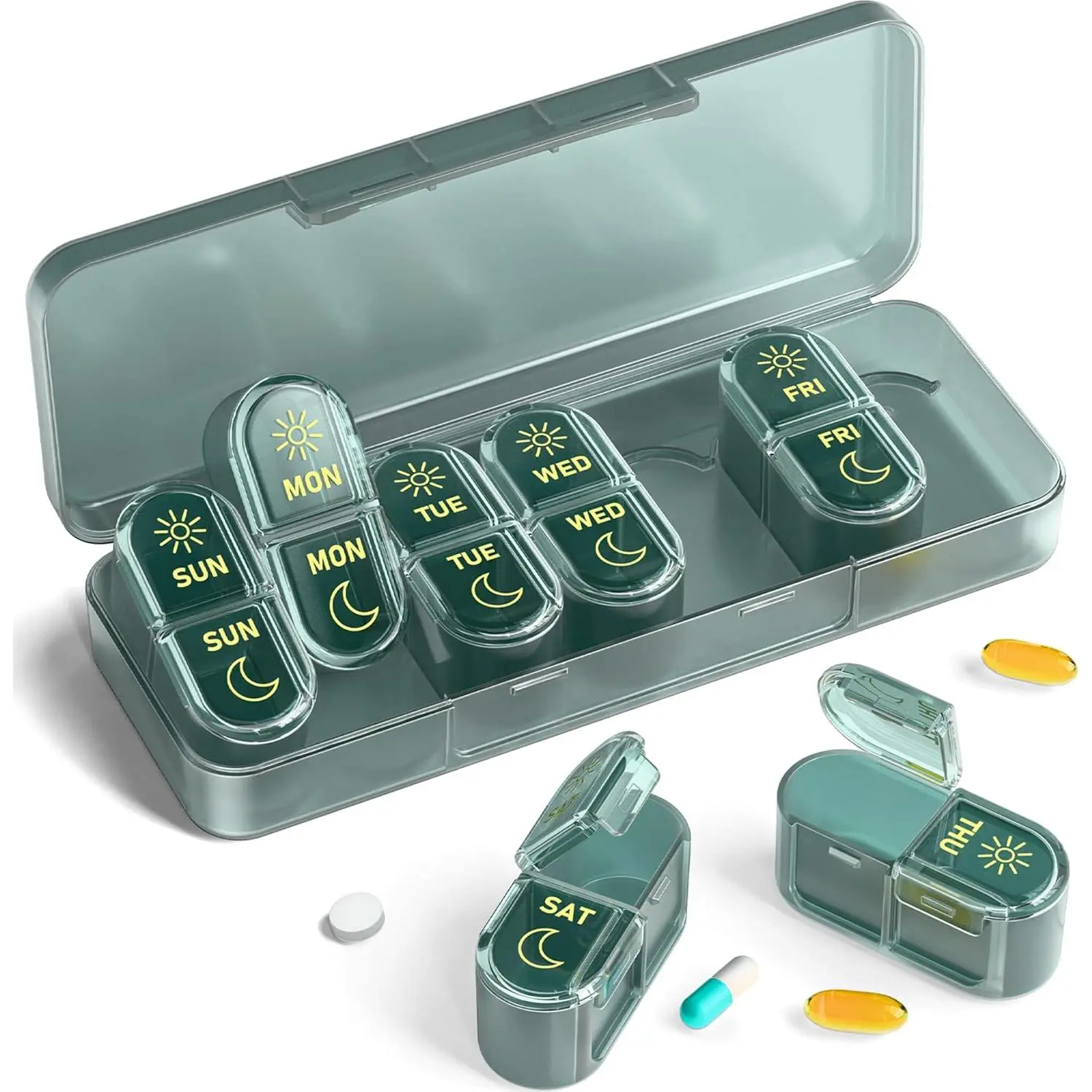 7-Day AM-PM Pill Organizer with Leak-Proof Lock, Weekly Storage Box with Large Bins, Travel Case for Organized Meds, Vitamins, Fish Oils, Supplements, BPA-Free, Durable Home Organizer