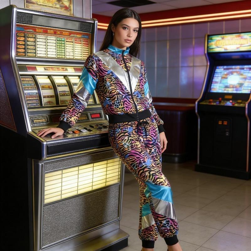 90s Party Photobooth Props Disco Sportswear 2-piece Jogging Suit Retro Style Carnival Themed Party Outfit Live Role-playing Jacket and Pants Role-playing Costume