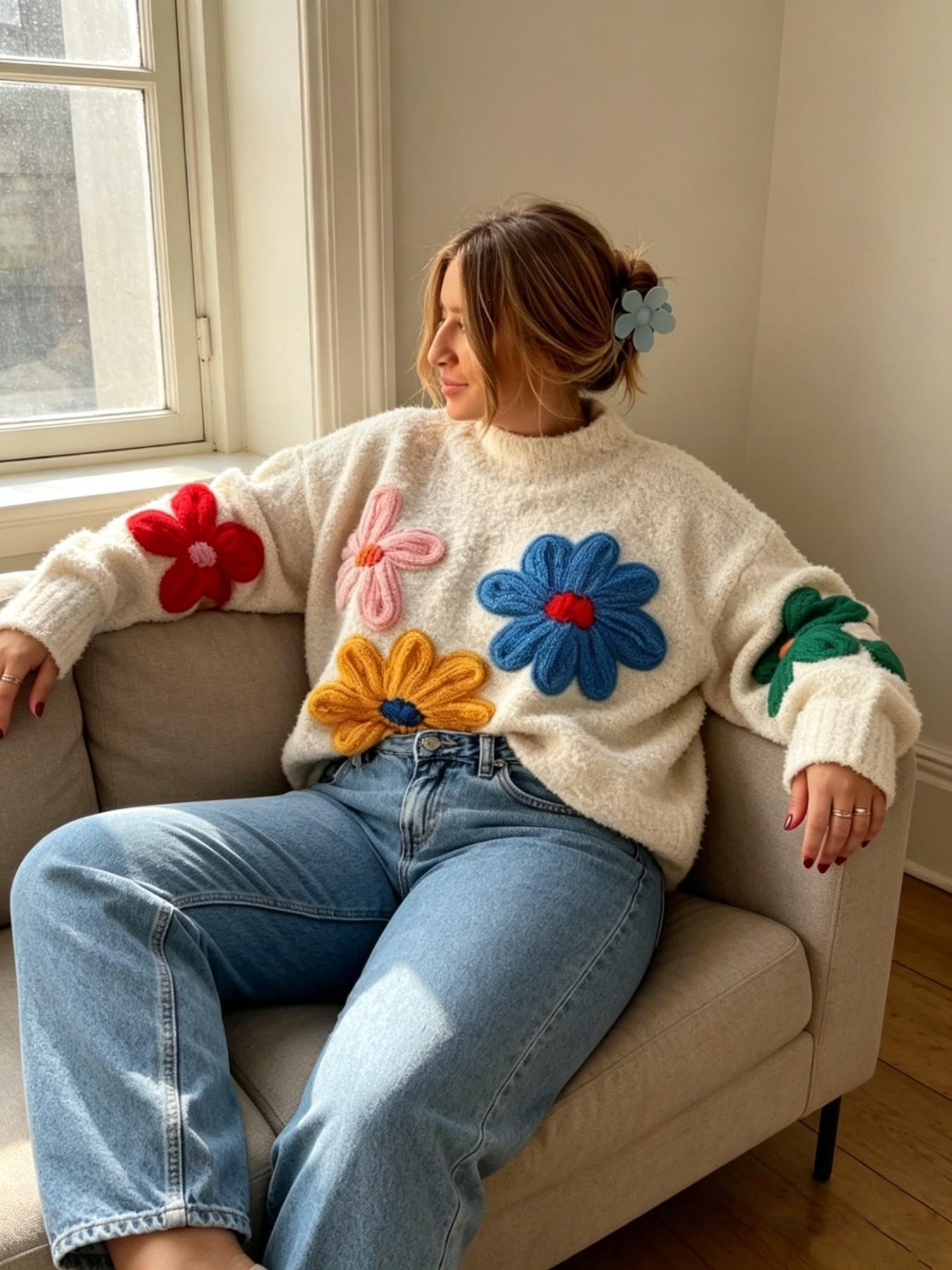 Plus Size Colorblock Floral Embroidered Drop Shoulder Sweater Pullover Knitwear, Casual Long Sleeve Mock Neck Jumper for Fall & Winter, Women's Plus Clothing for Daily Wear