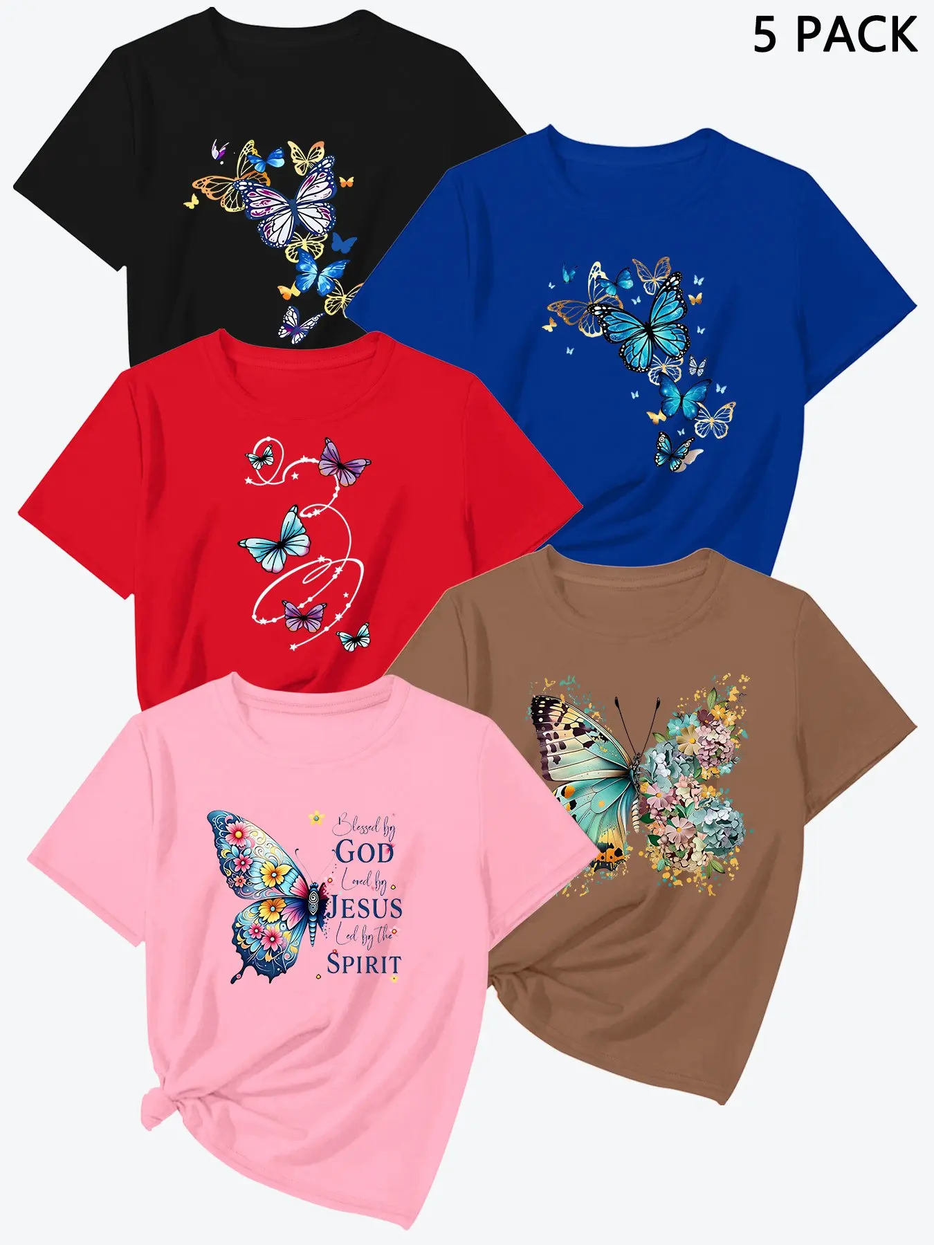 Summer New Heart Print Short Sleeve, High-Quality Women's Sport T-Shirt Set of 5, Casual Fashion Top, Classic Female Clothing