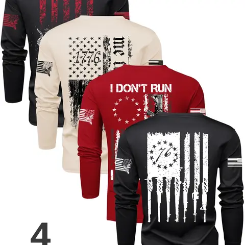 Men's Flag Series Crew Neck Long Sleeve Knit T-Shirt Set, Casual Outdoor Pullover for Spring & Fall, Fitted Letter Pattern Design Knitwear