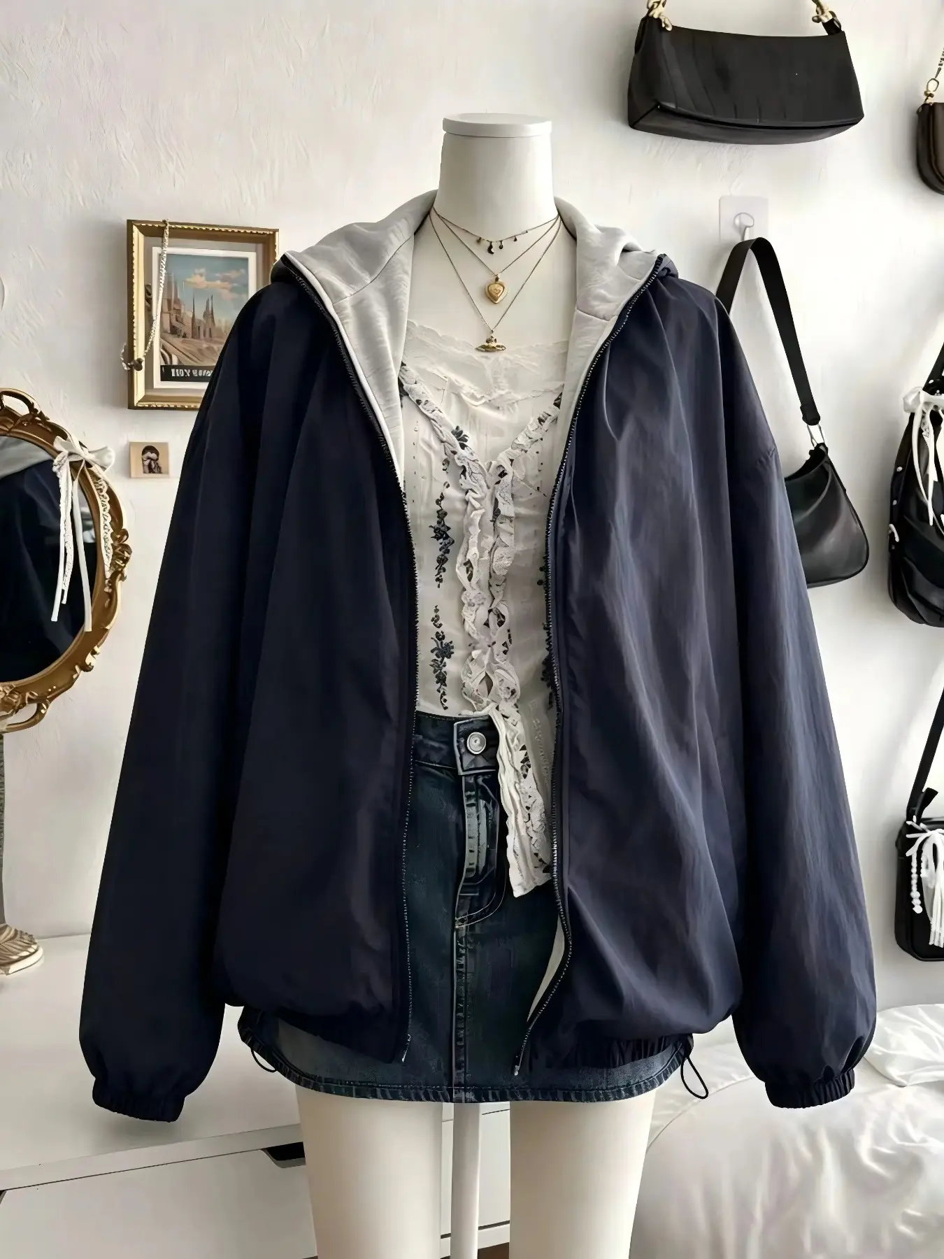 Women's Colorblock Hooded Zipper Jacket, Loose Fit Drawstring Waist Windbreaker, Y2K Street Style Long Sleeve Top, Reversible Coat