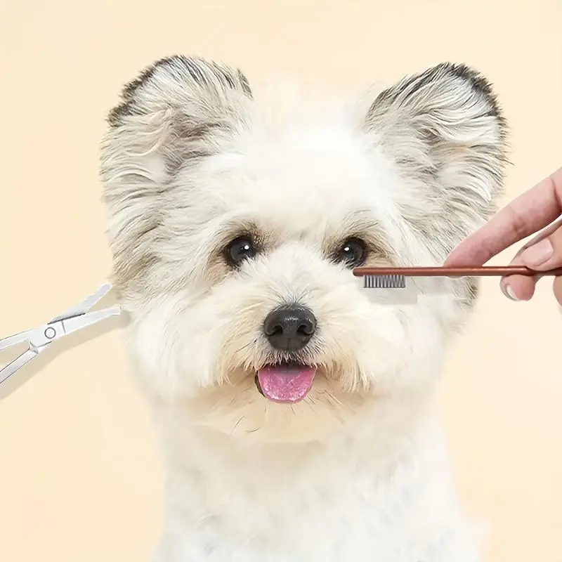 Pet Grooming Kit for Small Dogs: Stainless Steel Tear Stain Brush, Scissors, and Face Comb - Gentle Tear Stain Removal, Ear Hair Trimming, Comfortable Handle - No Battery Required