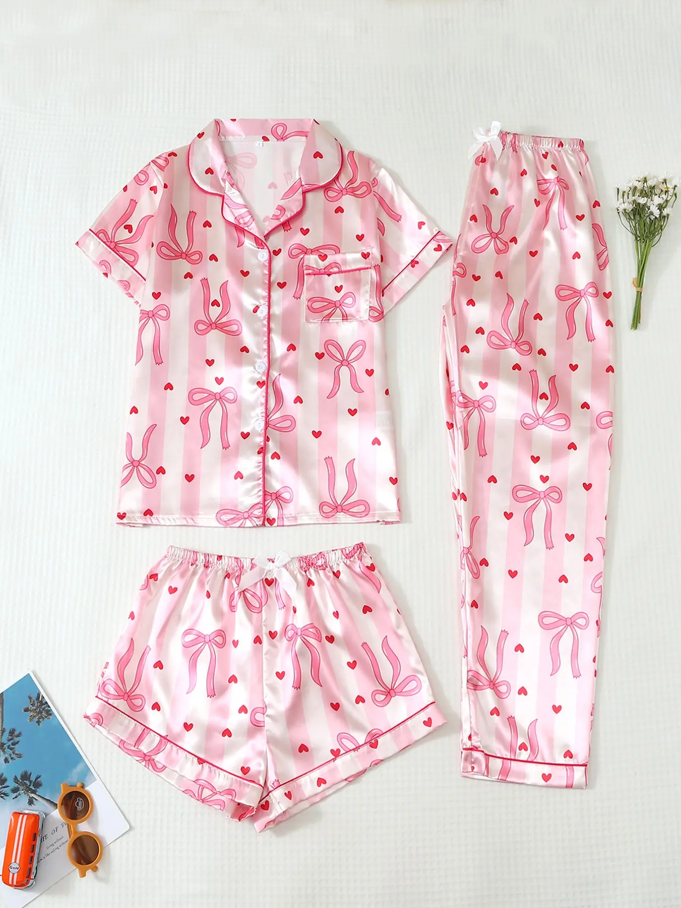 Striped Bow Print Women's Short Sleeve Pajama Set, Three-Piece Sleepwear, Comfortable Nightwear for Ladies, Stylish Loungewear, Pjs