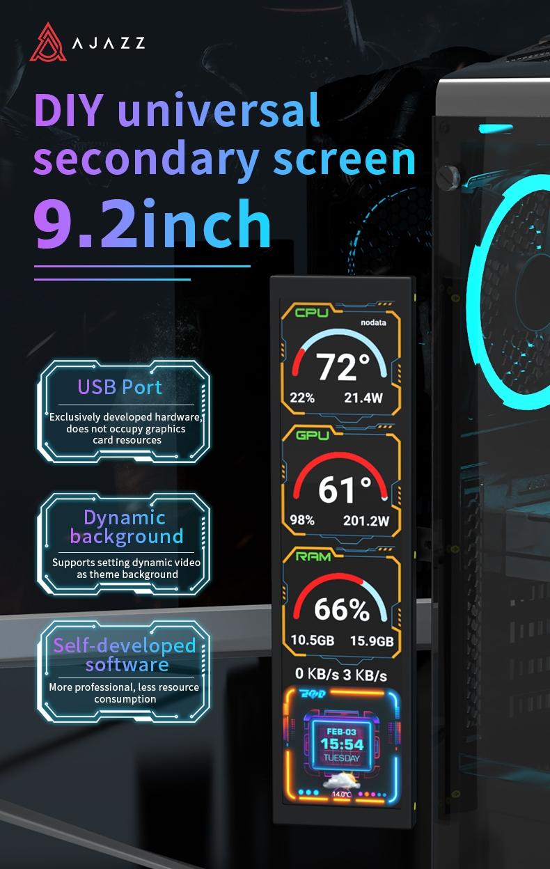 AKP02 DIY computer secondary screen 9.2-inch USB interface AJAZZ computer display screen does not occupy graphics card resources, visualizes themes, edits dynamic backgrounds, computer office assistant desktop artifact, suitable for multiple scenarios