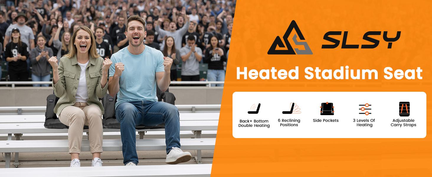 SLSY Heated Bleacher Seat with Battery, Heated Stadium Seats 6 Reclinng Positions and 3 Levels of Heat Heated Stadium Chair with Back & Arm Support