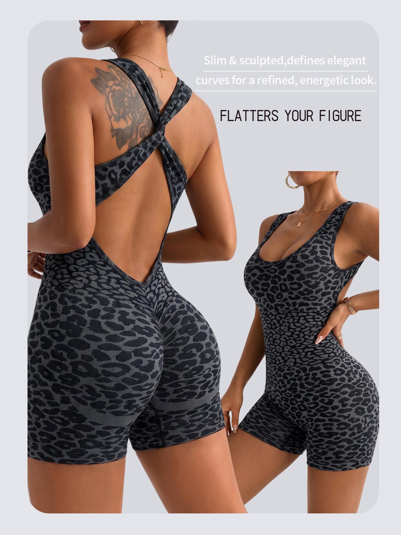 Summer Seamless Leopard Print Yoga Jumpsuit, Cross Back Sporty One-Piece, High Waist Compression Wear, Above Knee Length, All Seasons, Fit Jumpsuits, Sleeveless Yoga Jumpsuit, Tight Fitting Jumpsuit
