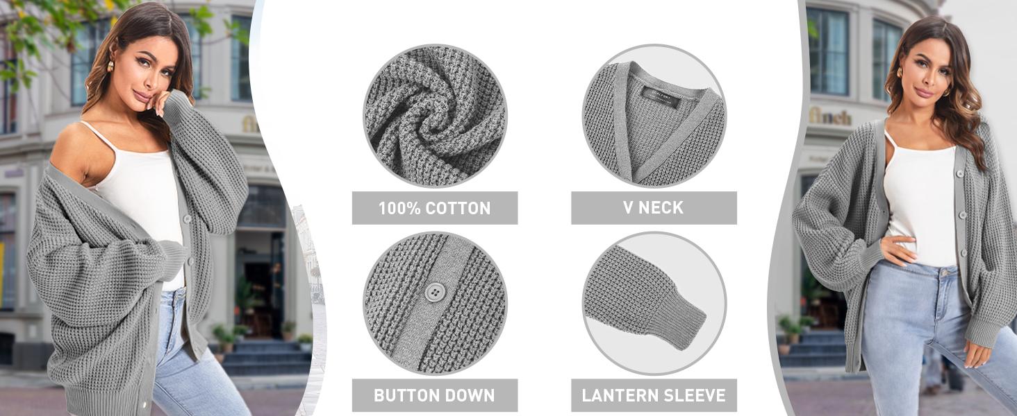 QUALFORT Women's Spring Cardigan Sweater 100% Cotton Button-Down Long Sleeve Oversized Knit Cardigans