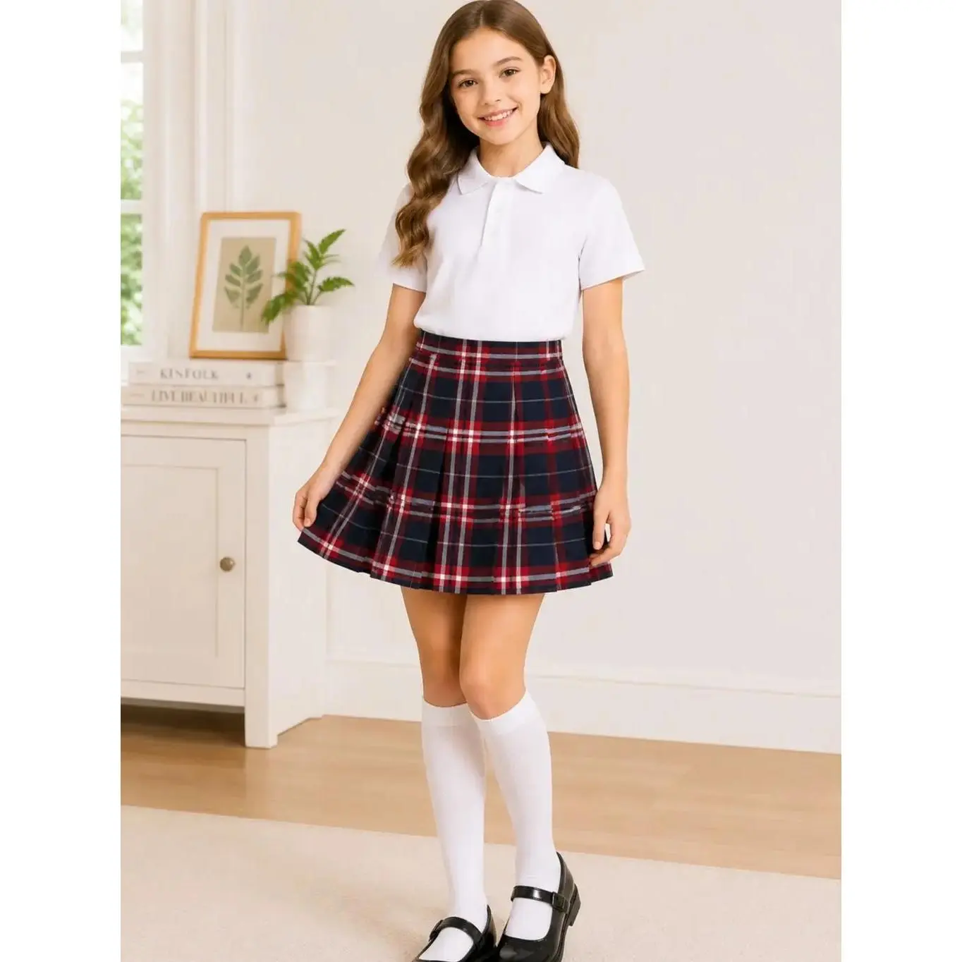 Girls School Uniform Pleated Skirt with Built-In Shorts, Elastic Waist, Kids School Skirt 4-16Y