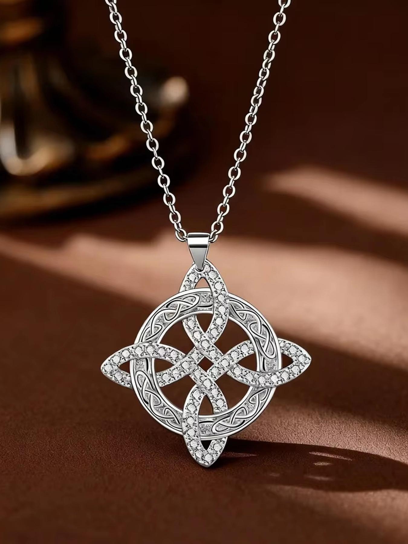 Classic Witch's Knot Necklace — A Luxurious Gold/Silver-Tone White Crystal Necklace for Women, Featuring a Zircon-Inlaid Trinity Knot. A Symbol of Good Luck, This CZ Pendant Serves as a Witchcraft Talisman and Protective Wiccan Jewelry.