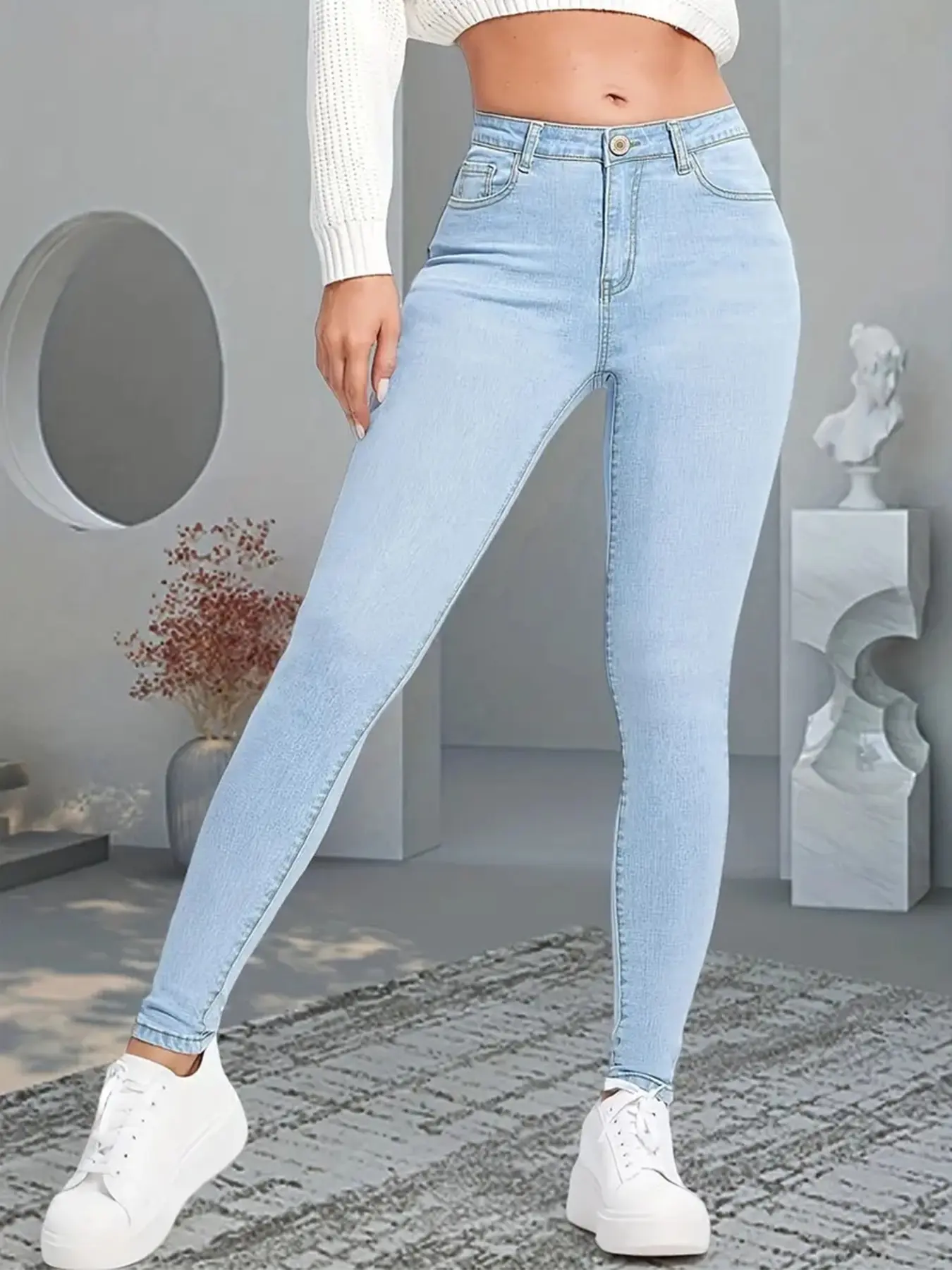 Light Blue Washed High Waist Stretch Tight Nine-Inch Flattering Jeans for Women, Tummy Control Butt Lifting Peach Bottom Slim Fit Pants, Perfect for Daily Wear