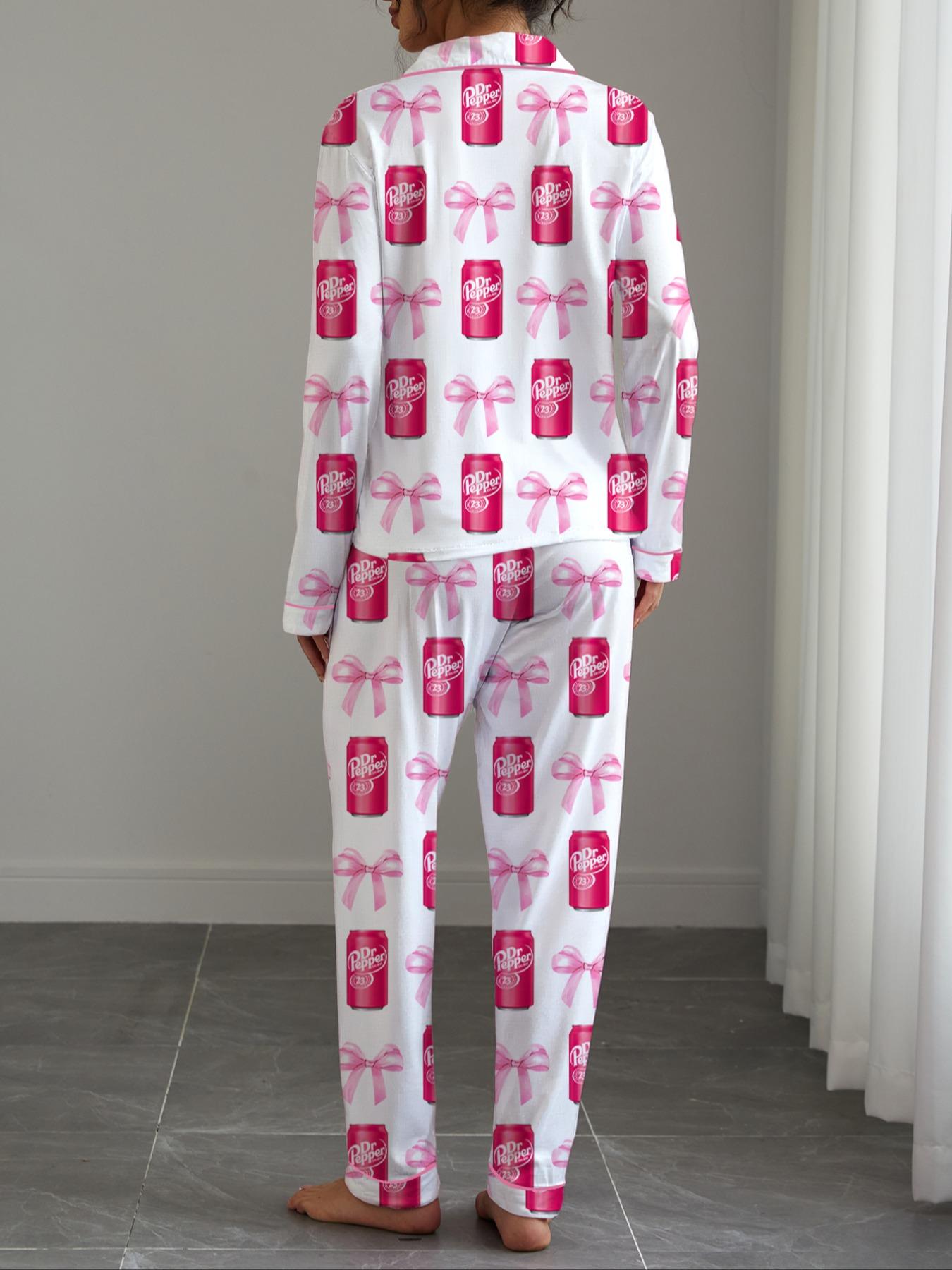 Dr Pepper,Women's Fall Winter Home Set, Soda Pattern Printed Sleepwear, Shirt Collar Button Long Sleeve Top and Loose Elastic Pants, Pajama Set