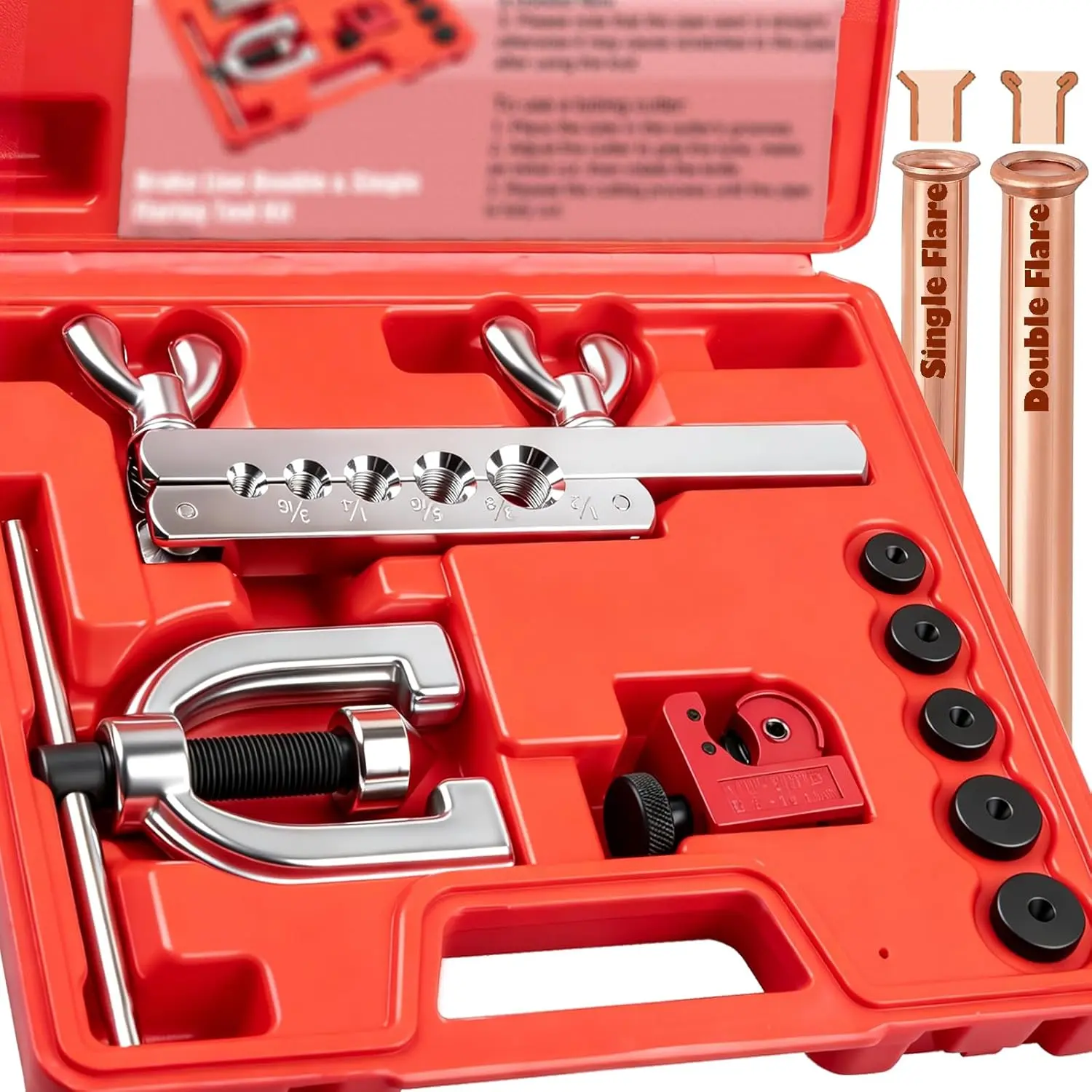 GJANSH Brake Line Double & Single Flaring Tool Kit with Tubing Cutter | Brake Line Repair Kit for Copper, Aluminum, Brake Line and Brass Tubing, Flare Tool kit Includes 5 Adapters, 45 Degrees