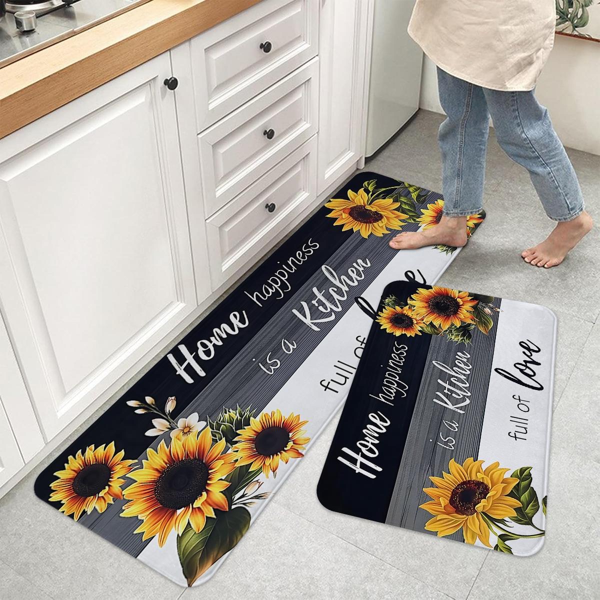 Sunflower Kitchen Anti slip Carpet Floor Mat, Retro Floor Printed Kitchen Anti fatigue Floor, Soft and Comfortable Flannel Floor, Suitable for Kitchen, Laundry Room, Bathroom, Living Room, Room Decoration Floor