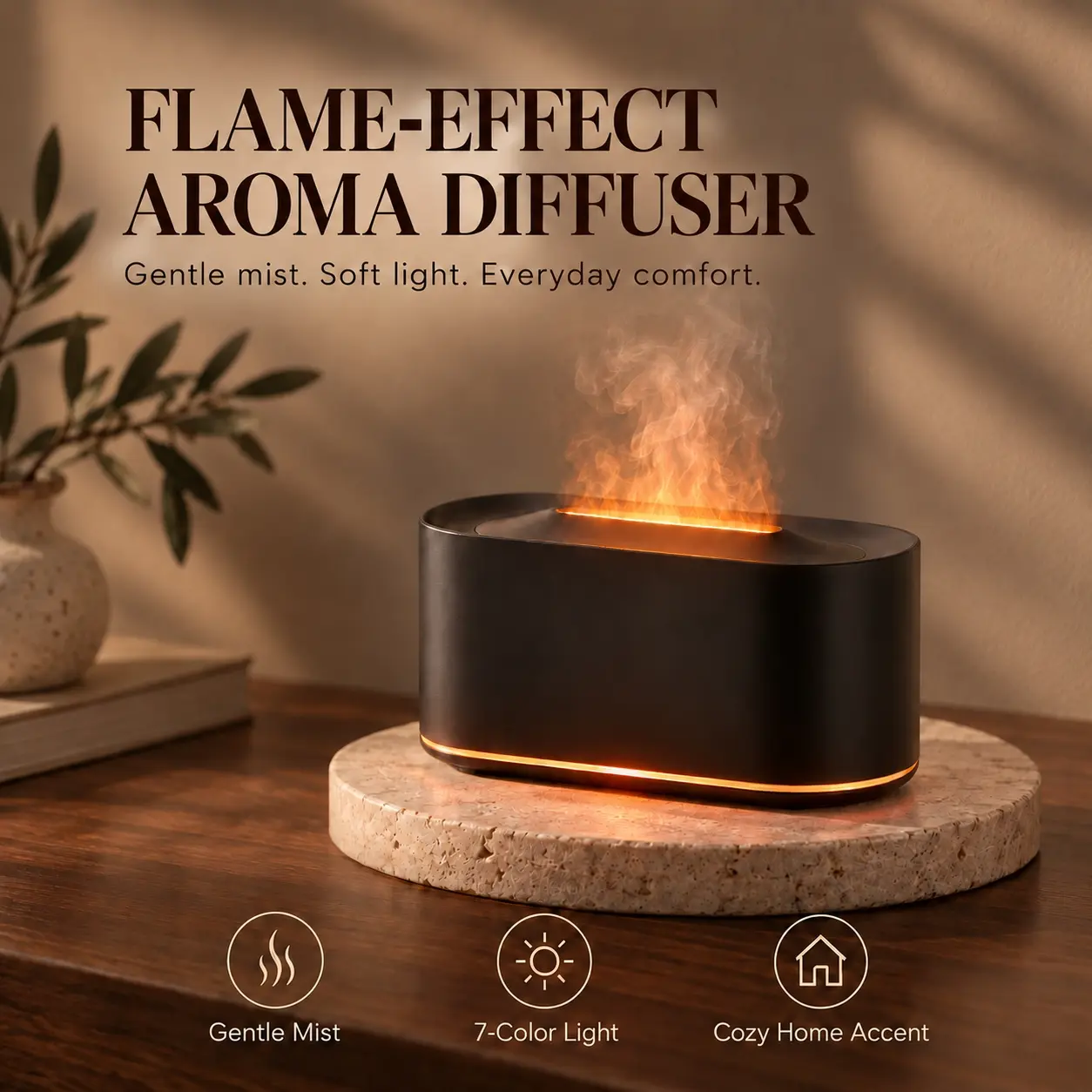 Flame Effect Air Aroma Diffuser, Essential Oil Diffuser with Aromatherapy Mist and Ambient Light for Bedroom, Living Room, Office and Relaxation