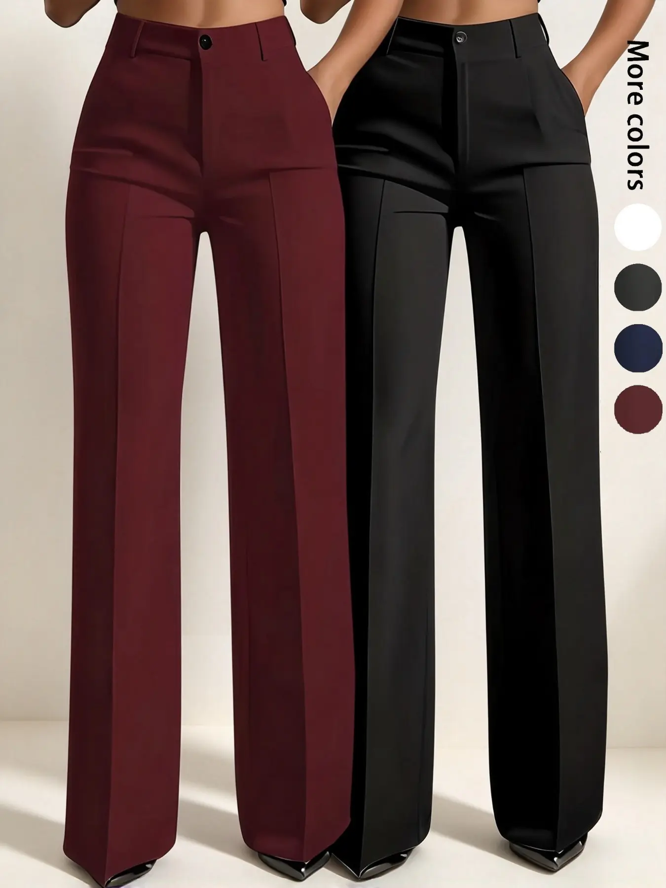 2-Pack Women's Elegant Plain Straight-Leg Pants, Zipper Fly, Pockets, All Seasons, Business Casual, Belt Compatible