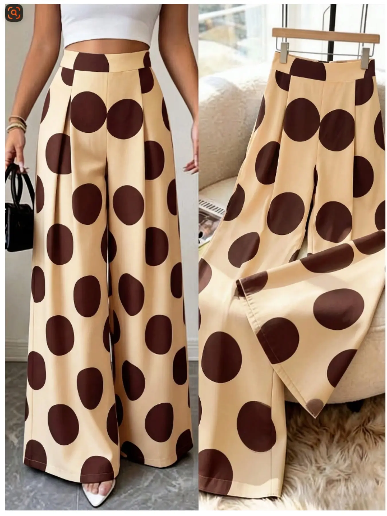 French Vintage Large Polka Dot High Waist Wide Leg Pants, Casual Loose Long Pants for Commuting and Vacation, Women's Fashion Bottoms