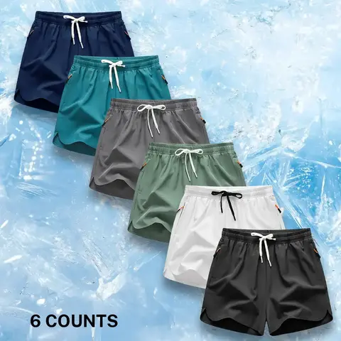Men's 6-Count Fitted Above-the-Knee Sporty Chic Shorts - Beige Plain, Elastic Waistband, Adjustable Drawstring, Zipper Pocket, Breathable 95% Polyester 5% Spandex, Airy Fit, Comfy Stretch Cool Activewear for Running, Fitness