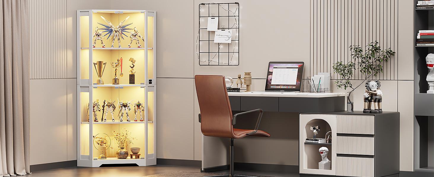 MIIFUNY Corner Display Cabinet with Glass Doors, 65" Lighted Curio Display Case with 3 Color Lights for Collectibles, 4-Tier Bookcase with Human Body Sensor for Living Room, White MIIFUNY Corner Display Cabinet with Glass Doors, 65" Lighted Curio Display Case with 3 Color Lights for Collectibles, 4-Tier Bookcase with Human Body Sensor for Living Room, White
